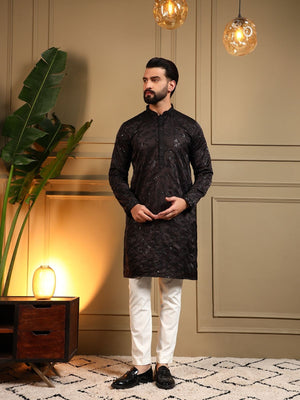 Rajwada Black Silk Blend Embroidered Kurta Set For Men