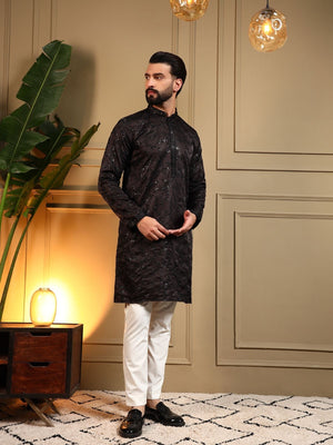 Rajwada Black Silk Blend Embroidered Kurta Set For Men