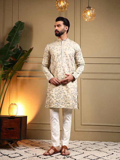 Rajwada Cream Silk Blend Embroidered Kurta Set For Men