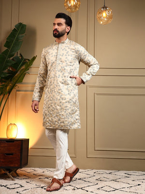 Rajwada Cream Silk Blend Embroidered Kurta Set For Men