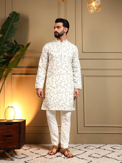 Rajwada White Silk Blend Embroidered Kurta Set For Men