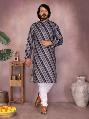 Rajwada Black And Grey Silk Blend Printed Kurta Set For Men