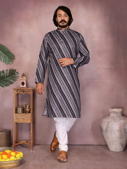 Rajwada Black And Grey Silk Blend Printed Kurta Set For Men
