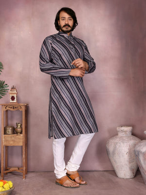 Rajwada Black And Grey Silk Blend Printed Kurta Set For Men