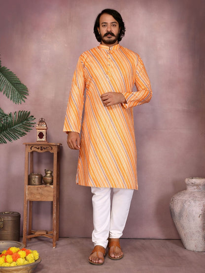 Rajwada Orange Silk Blend Printed Kurta Set For Men