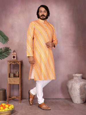 Rajwada Orange Silk Blend Printed Kurta Set For Men