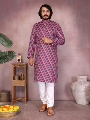 Rajwada Purple Silk Blend Printed Kurta Set For Men