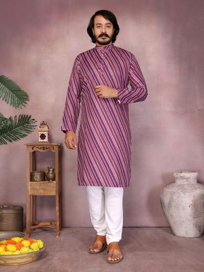 Rajwada Purple Silk Blend Printed Kurta Set For Men