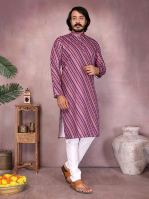 Rajwada Purple Silk Blend Printed Kurta Set For Men
