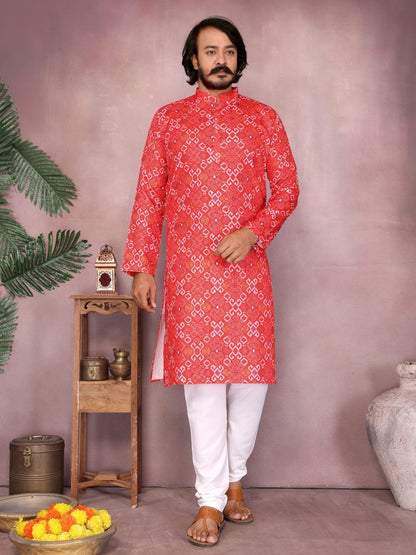 Rajwada Red Silk Blend Printed Kurta Set For Men