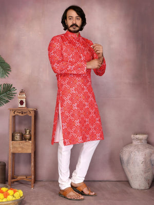Rajwada Red Silk Blend Printed Kurta Set For Men