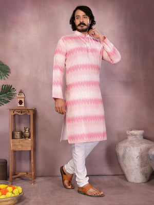 Rajwada White And Pink Silk Blend Printed Kurta Set For Men