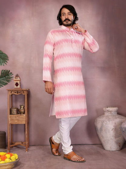 Rajwada White And Pink Silk Blend Printed Kurta Set For Men