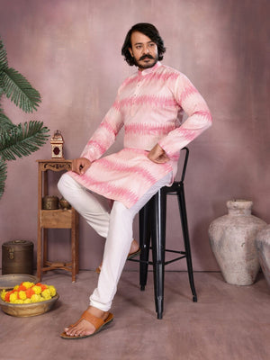 Rajwada White And Pink Silk Blend Printed Kurta Set For Men