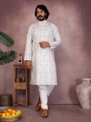 Rajwada White Silk Blend Printed Kurta Set For Men