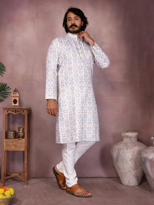 Rajwada White Silk Blend Printed Kurta Set For Men