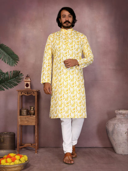 Rajwada Yellow Silk Blend Printed Kurta Set For Men