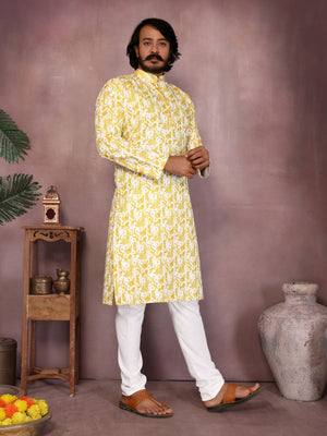 Rajwada Yellow Silk Blend Printed Kurta Set For Men