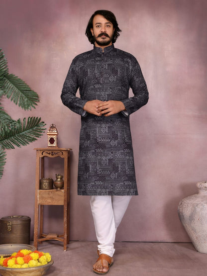 Rajwada Black Cotton Blend Printed Kurta Set For Men