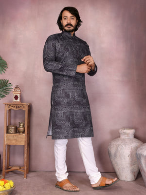 Rajwada Black Cotton Blend Printed Kurta Set For Men