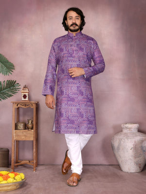 Rajwada Light Purple Cotton Blend Printed Kurta Set For Men