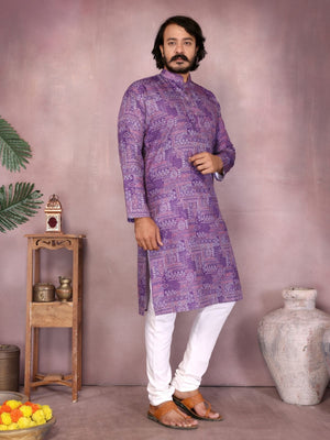 Rajwada Light Purple Cotton Blend Printed Kurta Set For Men