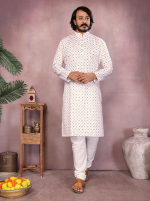 Rajwada Off White Cotton Blend Printed Kurta Set For Men