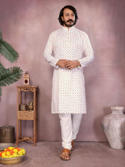 Rajwada Off White Cotton Blend Printed Kurta Set For Men