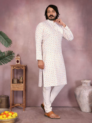 Rajwada Off White Cotton Blend Printed Kurta Set For Men