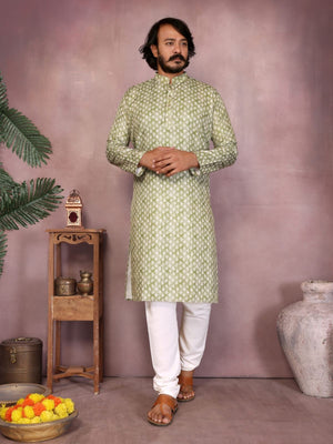 Rajwada Pista Green Cotton Blend Printed Kurta Set For Men