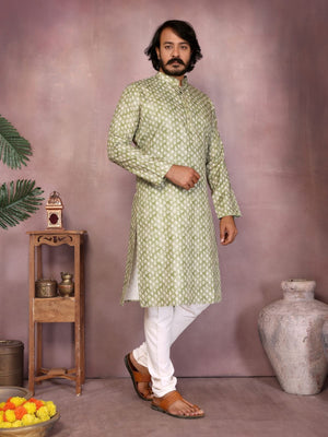 Rajwada Pista Green Cotton Blend Printed Kurta Set For Men