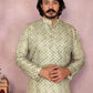 Rajwada Pista Green Cotton Blend Printed Kurta Set For Men