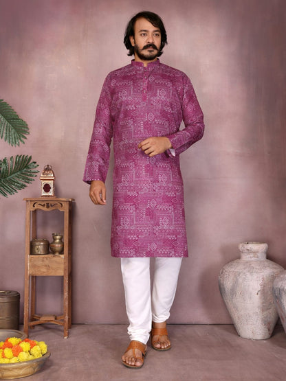 Rajwada Purple Cotton Blend Printed Kurta Set For Men