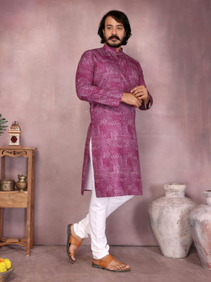 Rajwada Purple Cotton Blend Printed Kurta Set For Men
