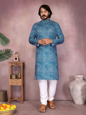 Rajwada Teal Blue Cotton Blend Printed Kurta Set For Men