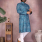 Rajwada Teal Blue Cotton Blend Printed Kurta Set For Men