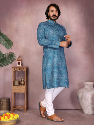Rajwada Teal Blue Cotton Blend Printed Kurta Set For Men