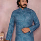 Rajwada Teal Blue Cotton Blend Printed Kurta Set For Men