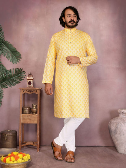 Rajwada Yellow Cotton Blend Printed Kurta Set For Men