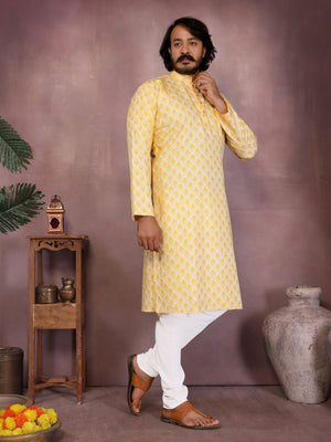 Rajwada Yellow Cotton Blend Printed Kurta Set For Men