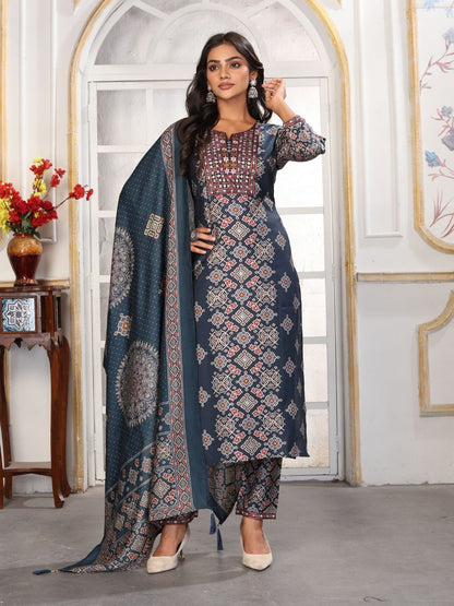 Rajwada Navy Blue Rayon Printed Kurta Set For Women