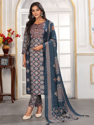Rajwada Navy Blue Rayon Printed Kurta Set For Women