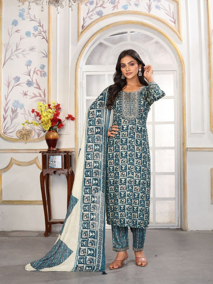 Rajwada Teal Blue Rayon Printed Kurta Set For Women