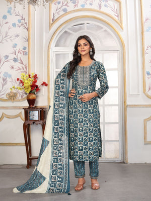 Rajwada Teal Blue Rayon Printed Kurta Set For Women