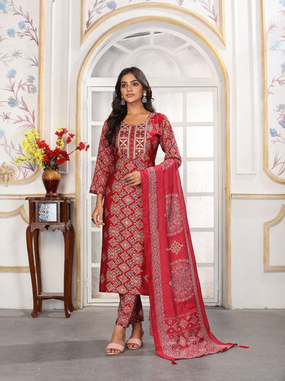 Rajwada Red Rayon Printed Kurta Set For Women