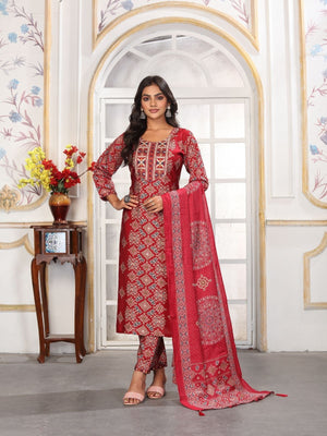 Rajwada Red Rayon Printed Kurta Set For Women