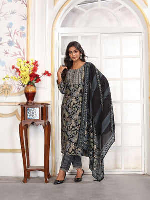 Rajwada Black Rayon Printed Kurta Set For Women
