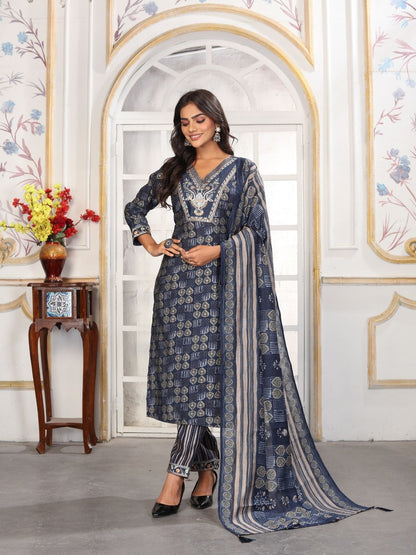 Rajwada Navy Blue Rayon Printed Kurta Set For Women