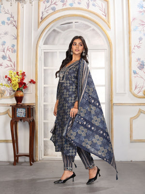 Rajwada Navy Blue Rayon Printed Kurta Set For Women