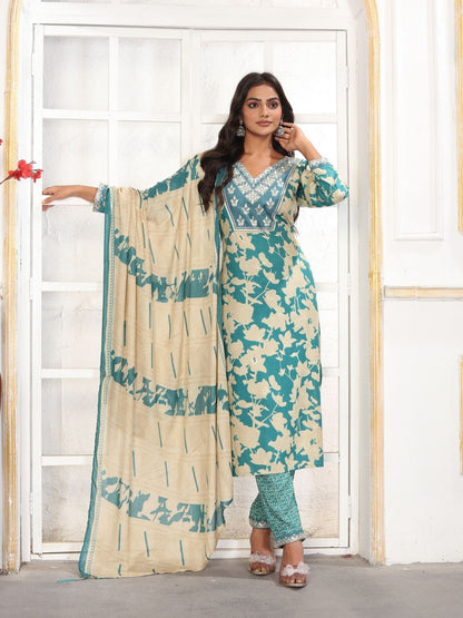 Rajwada  Light Blue Rayon Printed Kurta Set For Women